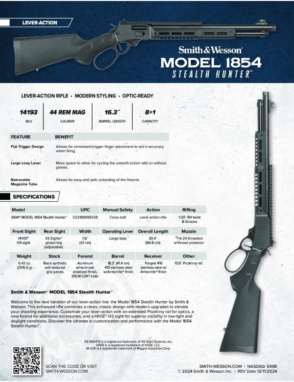 CARABINE SMITH & WESSON 1854 LEVERACTION STEALTH HUNTER CALIBRE  44 REM MAG