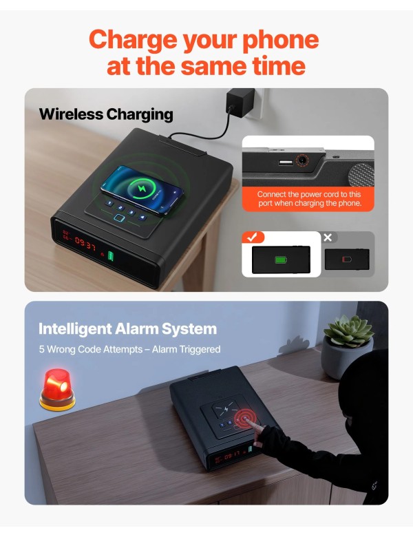 Réveil Coffre-Fort pour 2 Pistolets Biométrique + recharge téléphone.