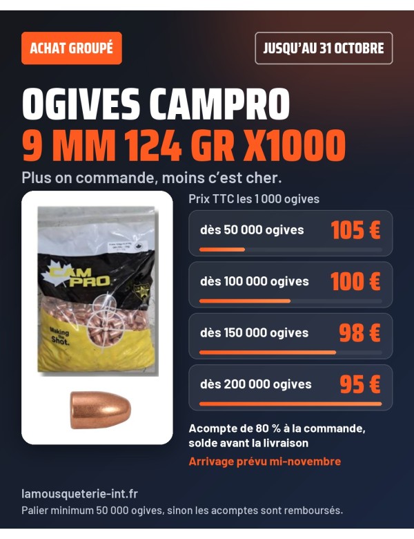 Achat groupé ogives Campro 9 mm 124 gr : de 105 € à 95 € les 1 000
