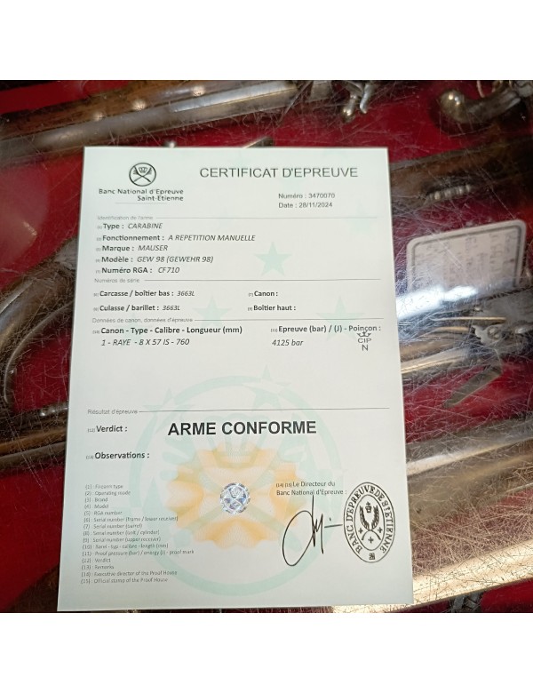 CARABINE MAUSER GEW 98 (GEWEHR 98) CALIBRE 8X57 IS