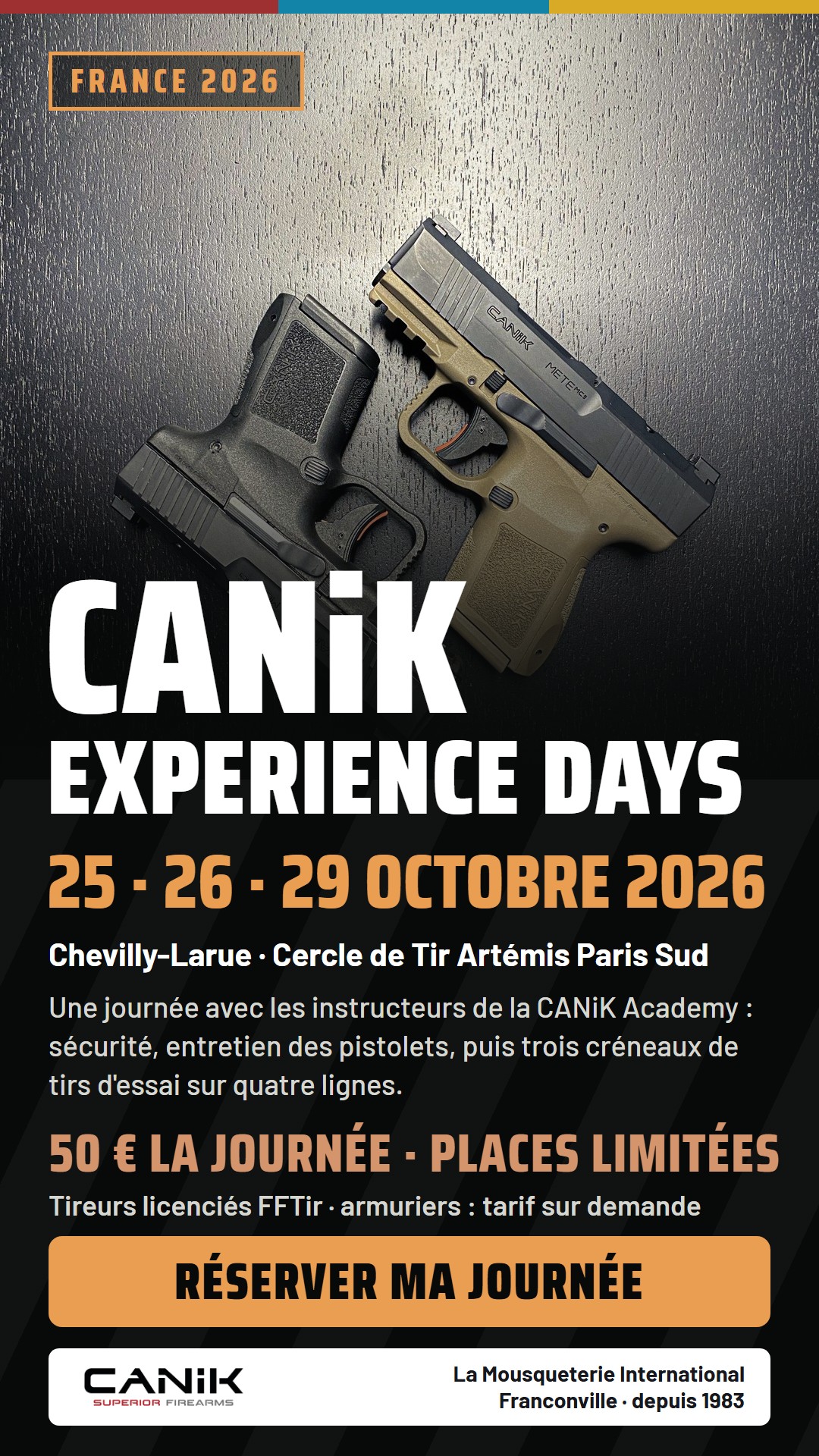 CANiK Experience Days, 25, 26 et 29 octobre 2026 à Chevilly-Larue : une journée avec les instructeurs de la CANiK Academy, 50 € la journée, places limitées. Réserver ma journée.