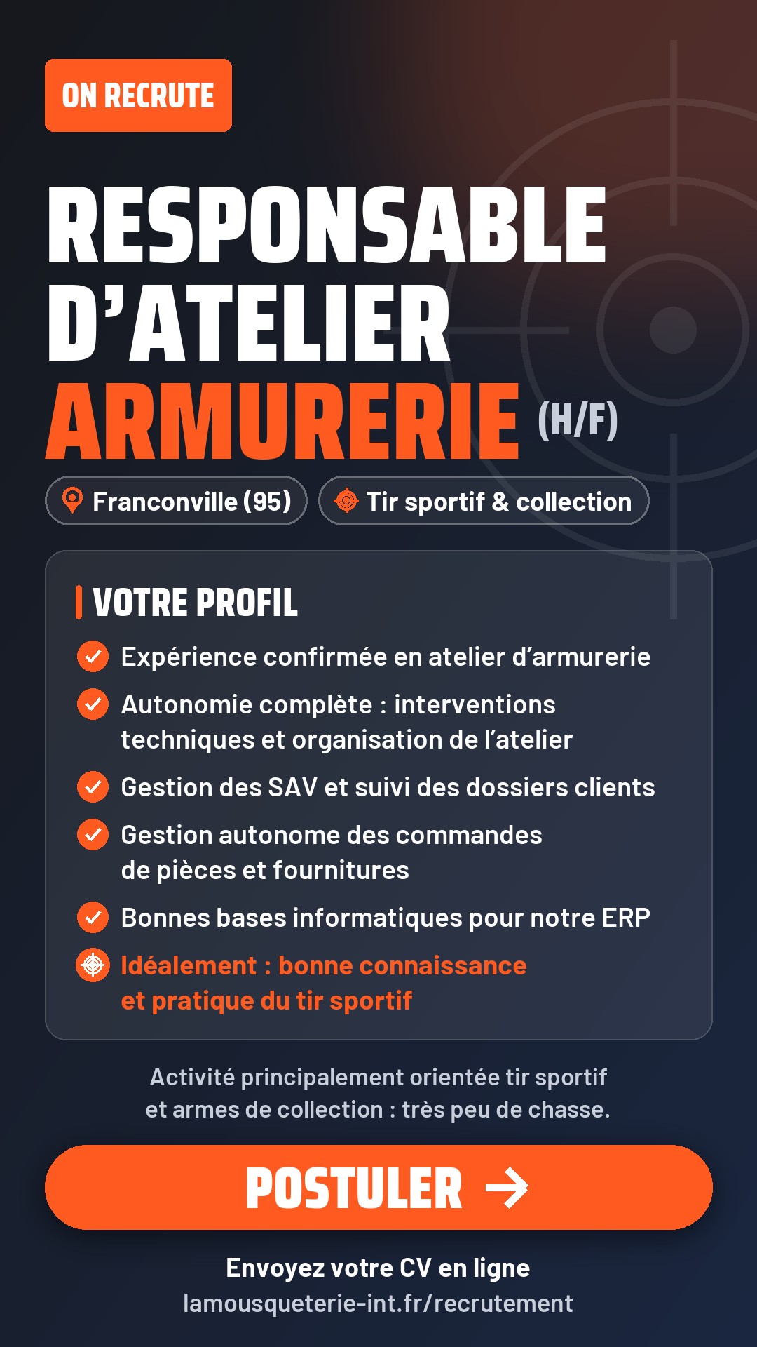 On recrute : Responsable d’atelier armurerie (H/F) à Franconville (95). Postuler en ligne avec votre CV.